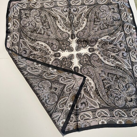 Satin Black Grey Brown & White Square Paisley Mirrored Pattern Scarf - Picture 2 of 5